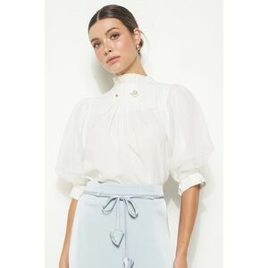 Pearl Detail Sheer Puff Sleeve Pleated Blouse